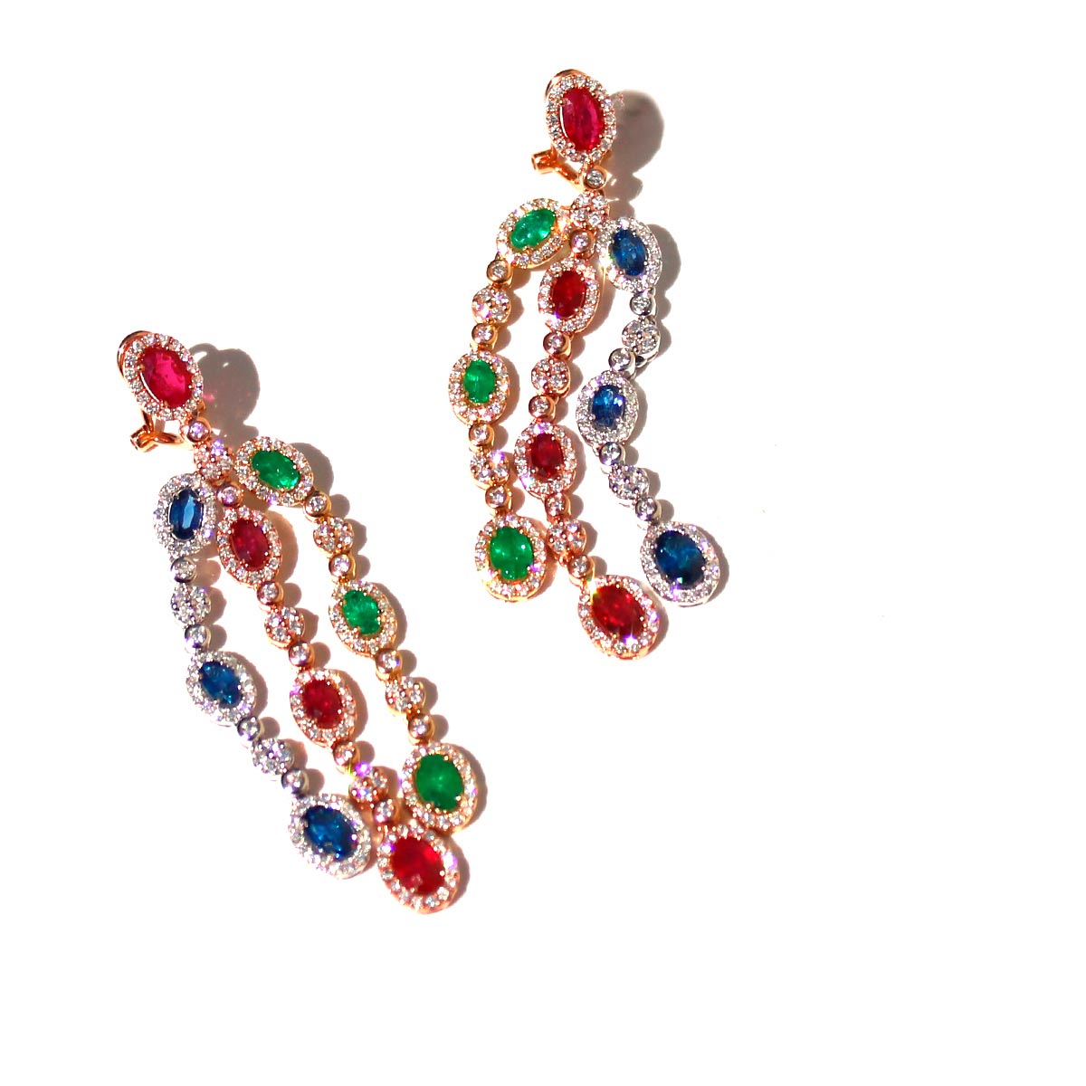 Ruby, Emerald and Blue Sapphire Rainbow Drop Earrings