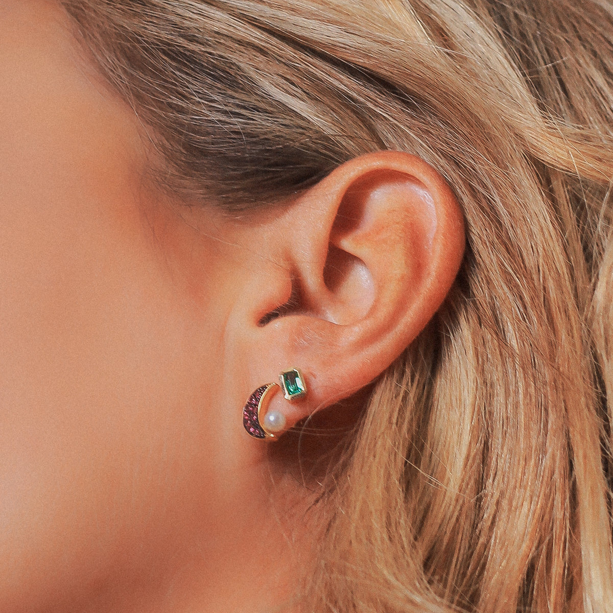 Ruby & Pearl Moon Earrings